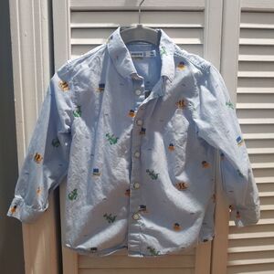 Mayoral boys button down long sleeve shirt / blue stripe dragons / 12-18 mos